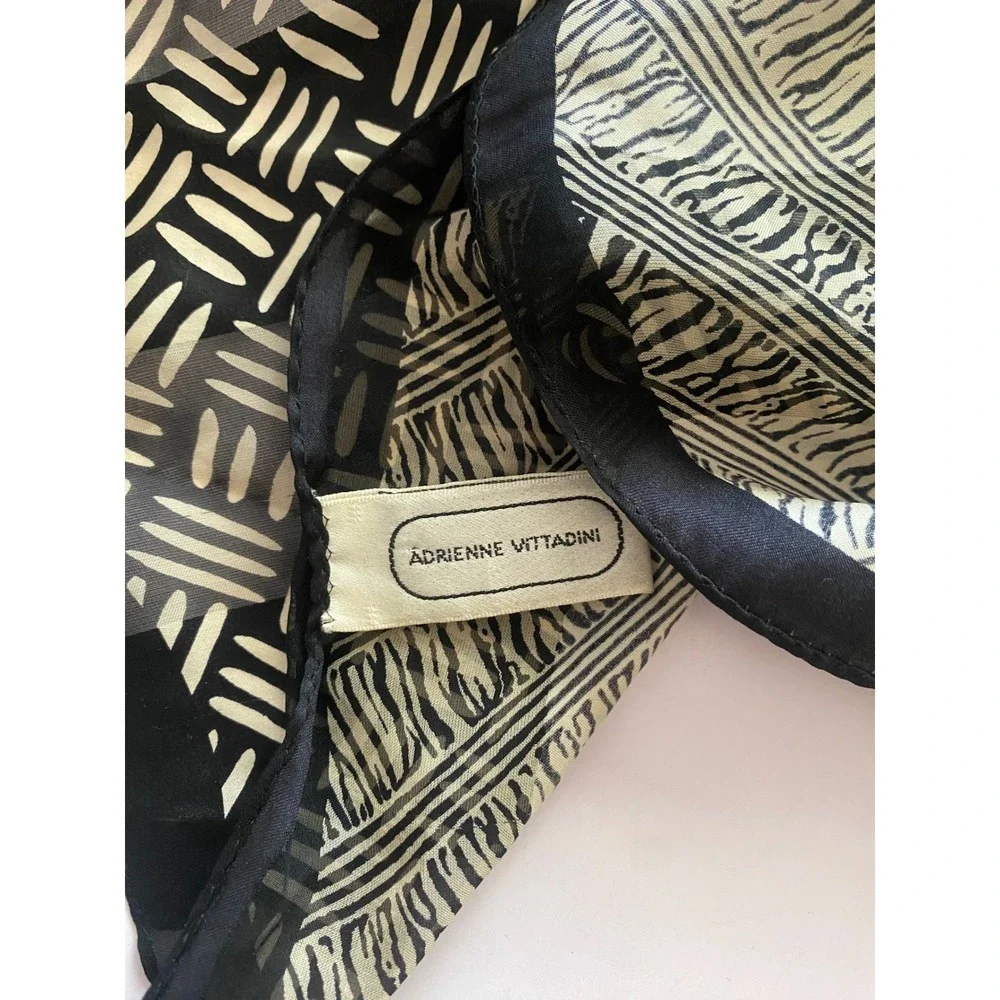 Adrienne Vittadini 100% Silk Scarf Black Cream Zebra Geometric Square Wrap 34x34